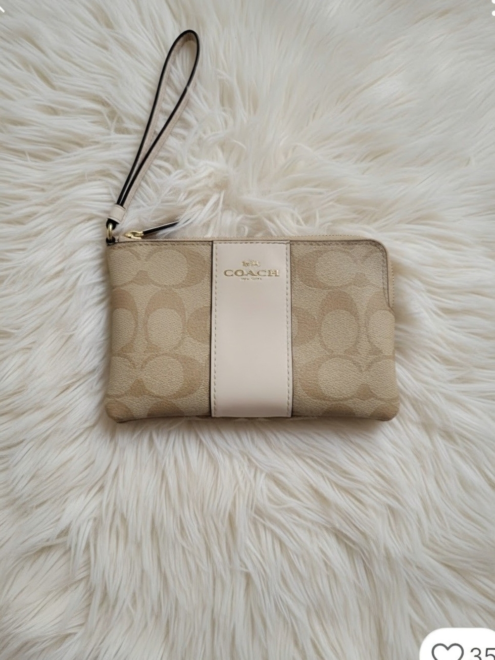 COACH Beige Signature Wristlet with Cream Center Stripe